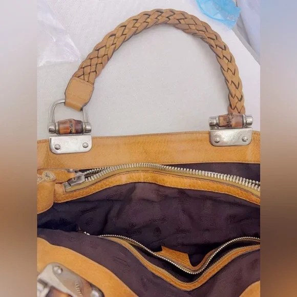 Gucci Bamboo Bar GG Monogram Canvas Shopper Tote Yellow Leather Braided Handles - Picture 9 of 14